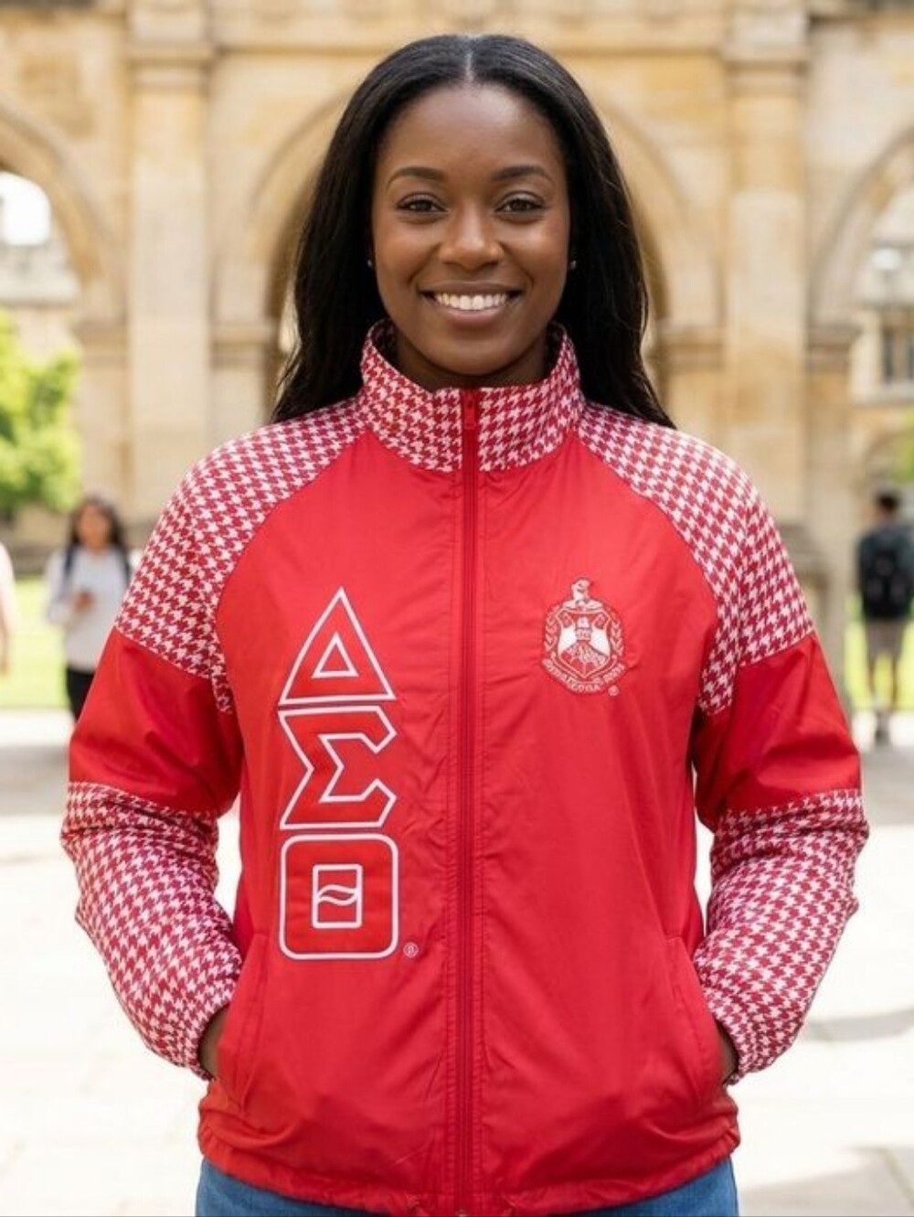 Delta Sigma Theta Red Houndstooth Track Jacket Wimdbreaker DST Greek Apparel